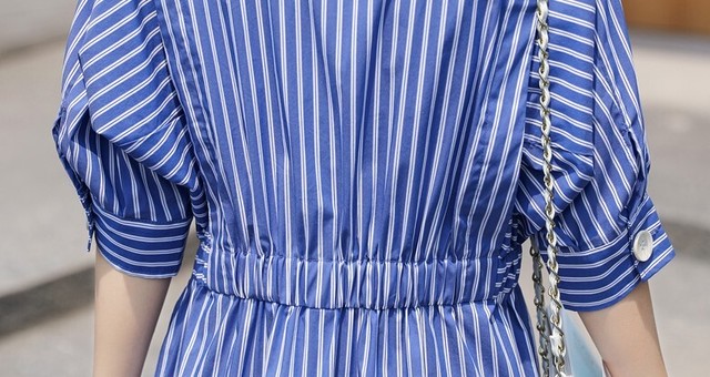 21春夏新色 ワンピース レディース きれいめ ひざ丈 シャツワンピース 五分袖 ストライプ 大人可愛い ガーリー お出かけ デート 女子会 M L Xl ブル 21春夏 En Usa Esta Us