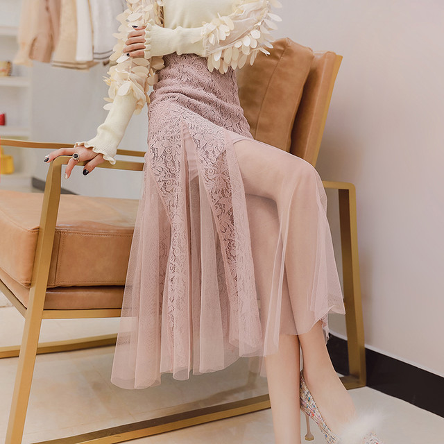 レーススカート チュールレース Aライン マーメイド フレアスカート シースルー 透け感 ウエストゴム ハイウエスト ミディアム丈 ロング丈 かわいい きれいめ おしゃれ セクシー 華やか おでかけ パーティー Crystalhk