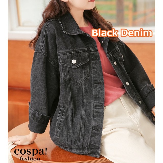 デニムジャケット レディース ブラックデニム ｇジャン 黒 カバーオール バイオウォッシュ 韓国 アウター Cospa Fashion