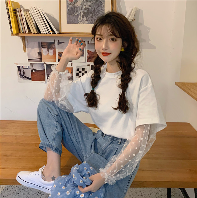 大人かわいい シースルー Tシャツ 花柄シフォン ガーリー ドッキング トップス デート 女子会 おしゃれ 韓国 Ptnym3668 Shop Suba