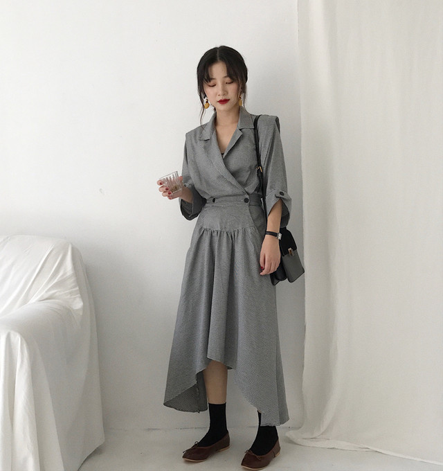 レディース ワンピース 秋 冬 春 カジュアル イレギュラー アシンメトリー シャツワンピ ギャザー 七分袖 ロング グレー 通勤 オフィス お出かけ デート 女子会 代 30代 40代 アラサー アラフォー At559 Sunny Place