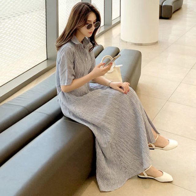 ワンピース シャツワンピース シャツワンピ ロング丈 ストライプ ママコーデ 夏 デート お出かけ Mh2168 Valentina210