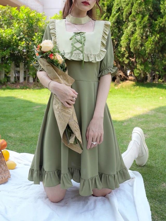 グリーン 緑 ワンピース ガーリー リボン Loveysmileshop グリーン 緑 ワンピース ガーリー リボン Loveysmileshop