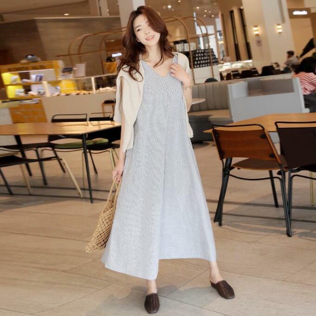 ストライプワンピース ロングワンピース ノースリーブ Vネック コットンワンピース 大人可愛い 夏 お出かけ デート ママコーデ Mh1272 Valentina210