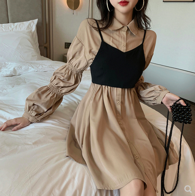 パフスリーブワンピース ビスチェ バックリボン シンプルな韓国ファッションサイトプチプラショップaloalo