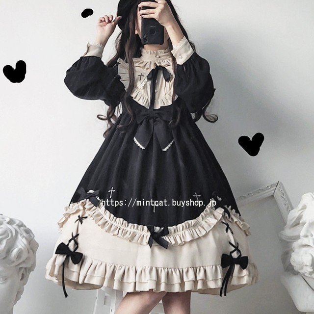 Lolita Op Dress ロリータドレス ロリワンピース ロリィタ 日常用 お茶会 撮影 Cosplay イベント 春夏秋 ロリ S M L Ll ブラック 黒い Mintcat