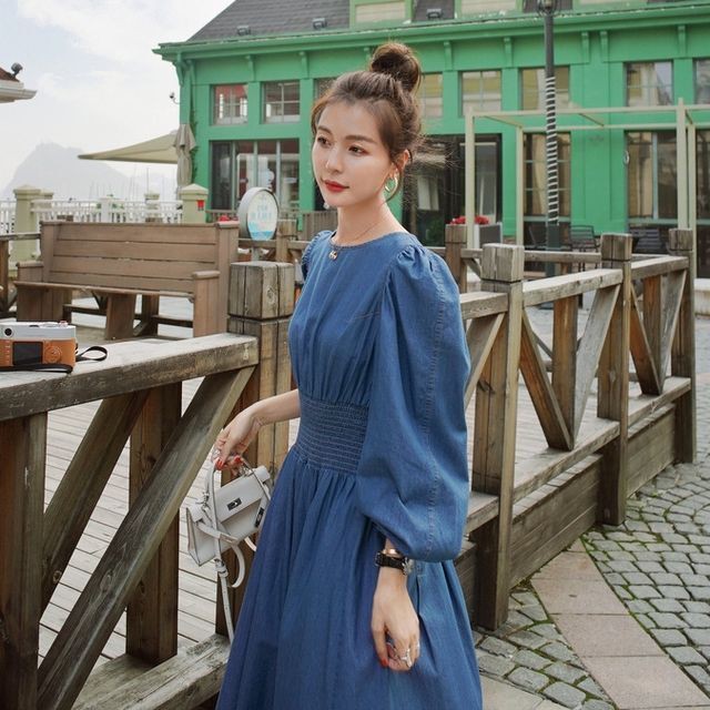 予約販売 デニムワンピース レディース ロング丈 パフスリーブ ラウンドネック Aライン 細見え カジュアル きれいめ 秋冬 ワンピ 大人可愛い エレガント おしゃれ こなれ感 韓国 S M L Favoriteselect