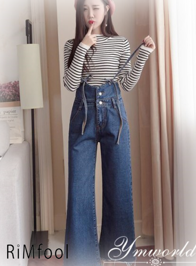 デニム サロペット オールインワン オーバーオール ワイドパンツ レディース ジーンズ ロングパンツ スキニー ハイウエスト 体型カバー Rimfool