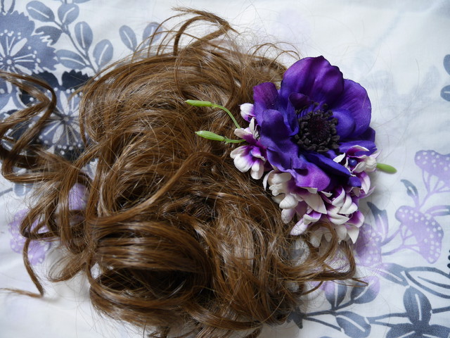 浴衣用ヘッドピース 中 紫アネモネ髪飾り お花の和洋ヘッドピース 花帽子