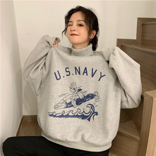 ファッション ゆったり 韓国ファッション 厚手 ハイネック 長袖 プリント パーカー トップス 75closet