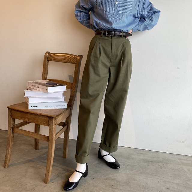high waist tuck chino 【khaki】【unisex】