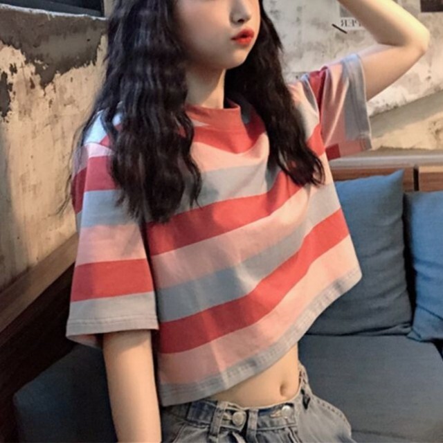 Tシャツ 半袖 ショート丈 トップス カットソー ボーダー ストライプ スポーツ 練習着 双子コーデ お揃い 春 夏 A872 Happinessshop ハピネスショップ レディース ファッション アイテム トレンド