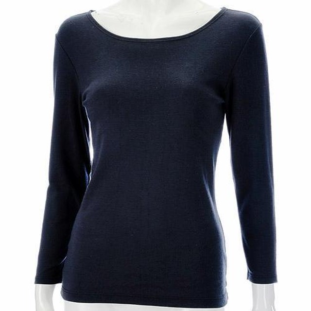 ぬくもりコットン ブラック 黒 ラウンドネック 8分袖 インナー 肌着 綿 シルク 絹 日本製 レディース トップス 低刺激 発熱 ストレッチ Glistening