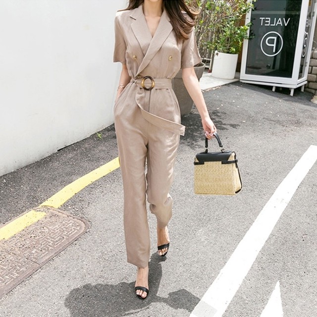 Jumpsuits Simple One Tone セットアップ スーツ ジャンプスーツ レディース ツーリング ネクタイ Ol スリム 半袖 パンツ ハイウエスト 通勤 オフィス きれいめ 大人可愛い カジュアル デイリー 夏 韓国ファッション 美脚 細見せ Sea Sign Post