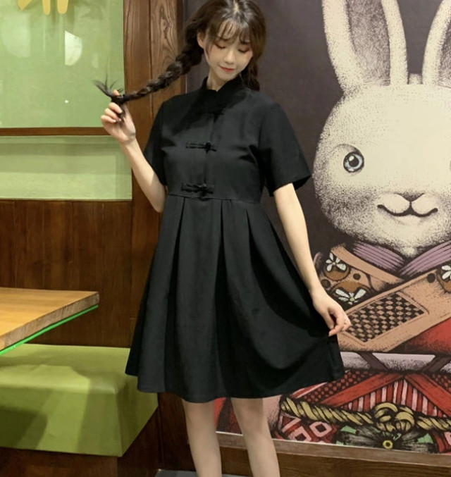 Top Mode ワンピース 春ワンピ チャイナボタン フレアワンピ 膝上丈 ミニワンピ 半袖 チャイナドレス チャイナ服 レディース 漢服 ワンピース ロリータ 原宿系 レトロ ラフ ゆったり お呼ばれ ホワイト 白 ブラック 黒 ニッチ Bitter 映え クール 体型カバー ゴージャス
