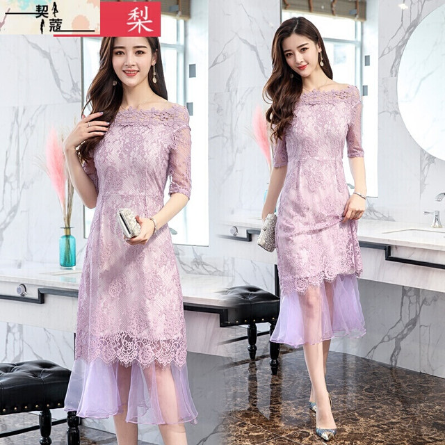 2色のロングドレス 重ね着風シースルーワンピース レース Yuminn