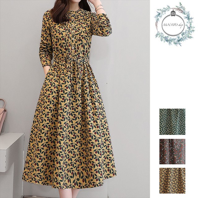 レディース ワンピース ロング 長袖 膝丈 秋 冬 花柄 上品 ウエスト紐 Aラインワンピース 代 30代 40代 おしゃれなフランス パリのレディースファッションアイテム Minato