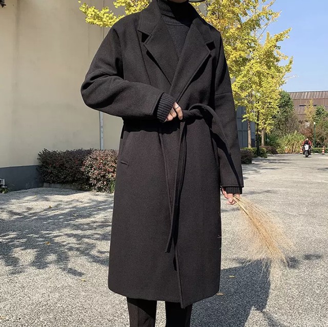 メンズ ロングpコート ウール生地 ブラック Warave