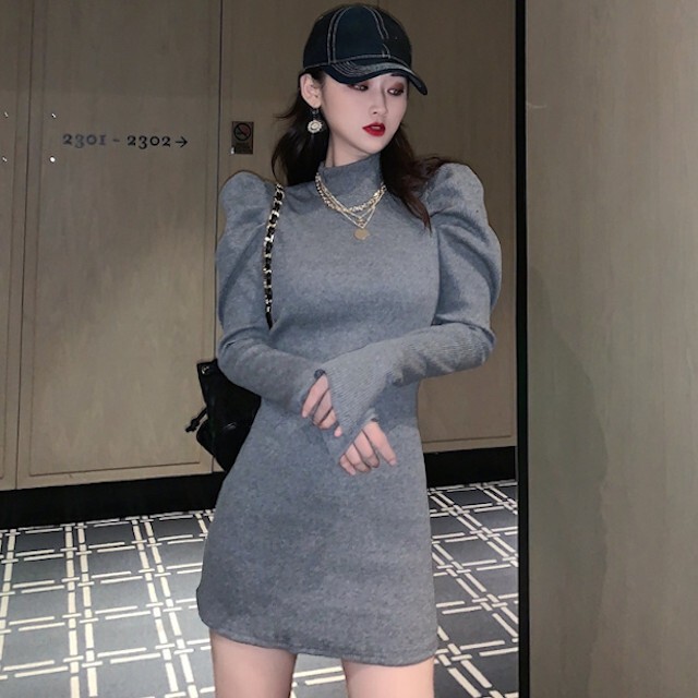全2色 レディース ワンピース ニット パフスリーブ ハイネック ミニ丈 膝上丈 モテ 無地 ワンカラー グレー ブラック S M L Favoriteselect