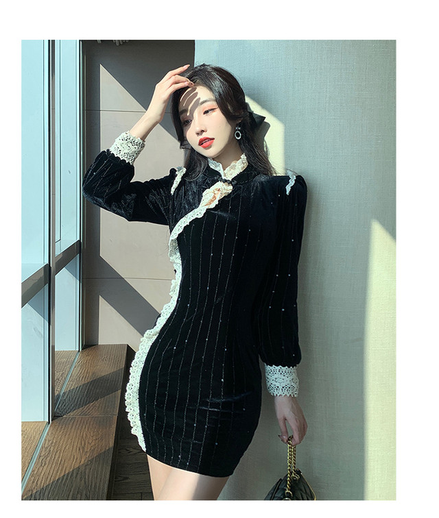 チャイナ風ワンピース ベルベット チャイナボタン スタンドネック 長袖 改良型チャイナドレス チャイナ風服 かわいい Beautycam