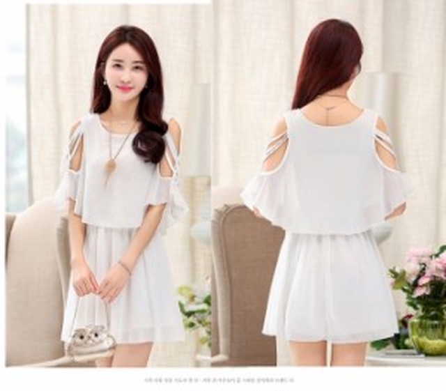 シフォンワンピース ミニ丈ワンピース オープンショルダー オケージョンワンピース プチプラ シンプル 上品 ブラン ニュー ディ