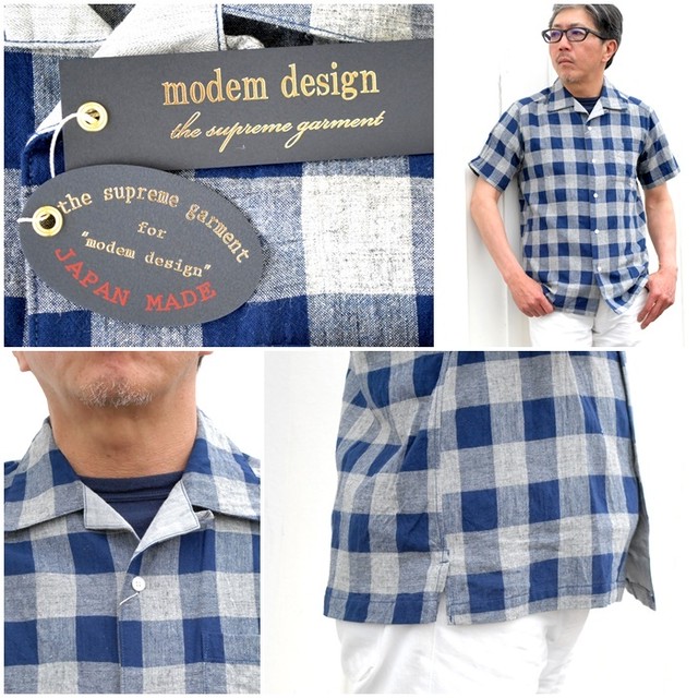 半袖チェックシャツ ブロックチェックシャツ モデムデザイン Modemdesign メンズ 半袖シャツ 綿麻 ｍ１７０１７５２ Bluelineshop