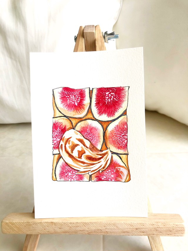 無花果とクリームチーズのバルサミコトースト 原画 水彩 寿のおいしいお店