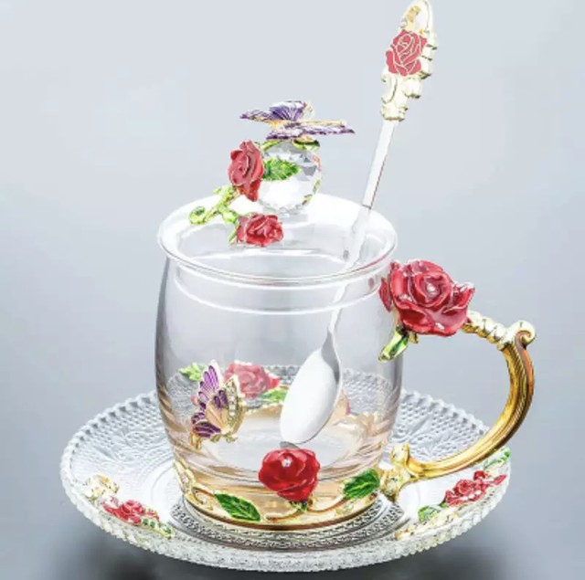 お取り寄せ商品 ティーカップ 4点セット 薔薇 ゴールド 姫系 ガラス カップ アンティーク おしゃれ 英国風 耐熱ガラス Candy Melts