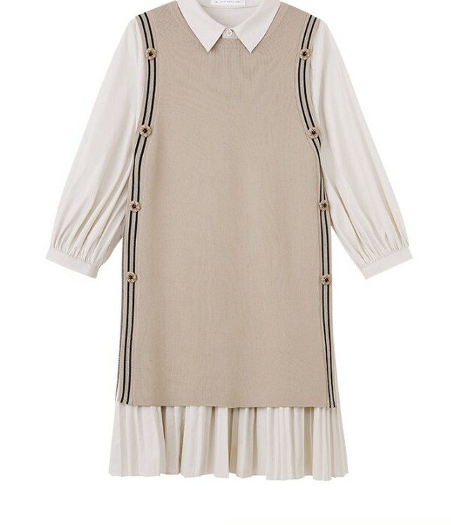 秋物 ワンピース シャツワンピース レイヤードワンピース ミニ丈ワンピース 七分袖 ベスト プリーツ お出掛け デート Aero True