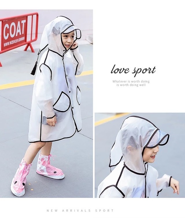 New レインコート キッズ シースルー フリンジ付き モノトーン 白黒 とんがりフード カッパ 雨がっぱ おしゃれ 雨具 子供 女の子 男の子 収納袋付き Mimi