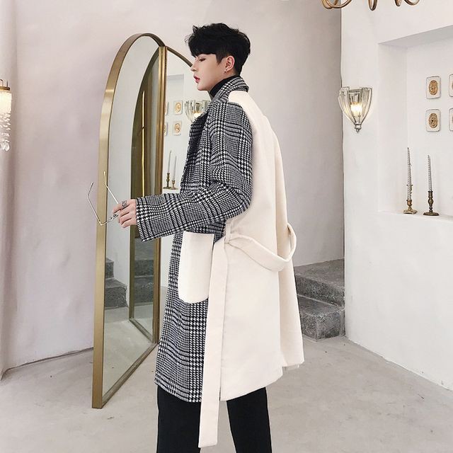予約販売 チェスターコート グレンチェック柄 バイカラー ドッキング ホワイト アウター ロング丈 メンズ 防寒 お洒落 こなれ感 ベーシック 秋冬 大きいサイズ M L Xl Favoriteselect