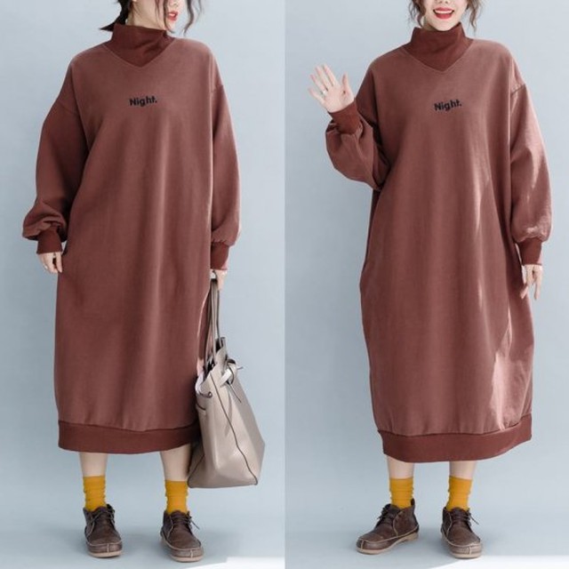 コットンワンピース フリース ロングワンピース 冬ワンピース レディース 二次会 発表会 トレーナー 重ね着風 切り替え スウェット 綿 オーバーサイズ ハイネック 体型カバー Af44 Raxia ラクシア