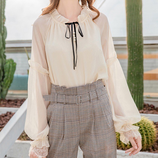 ボリューム袖 ブラウス レース リボンタイ フリル シフォン シャツ レディース トップス 春服 秋服 デート服 フェミニン 韓国 ファッション A0113 Aeka Clothet