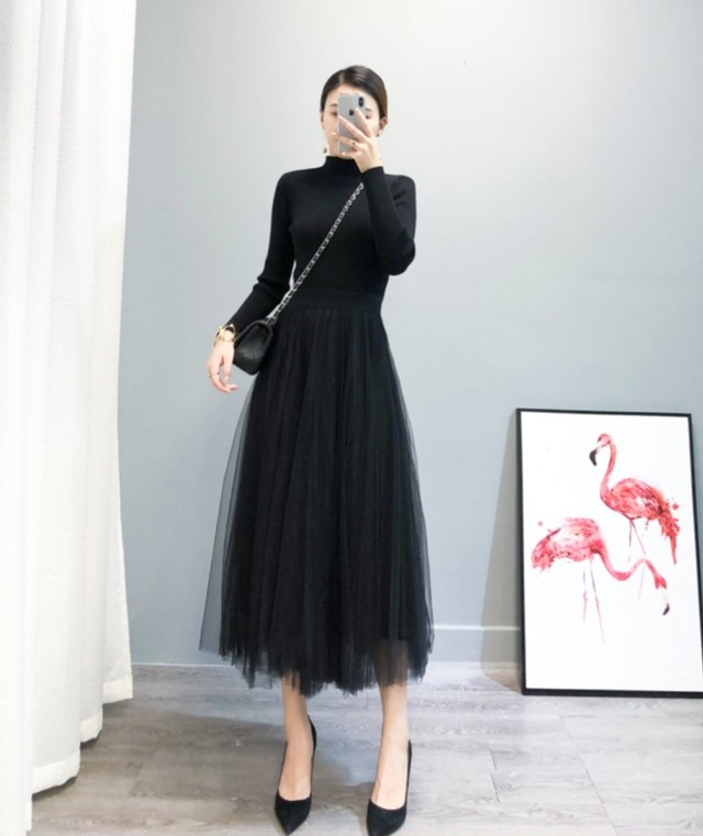 ハイネック メッシュ切り替え フレアワンピース ワンピース ミディ丈 プリーツ切り替え エレガント フェミニン シック 上品 きちんと きれいめ ローウエスト クラシカル 大人っぽい 仕事 お出かけ お呼ばれ 韓国ファッション 膝上 膝丈 膝下 1385 Sayurio レディース