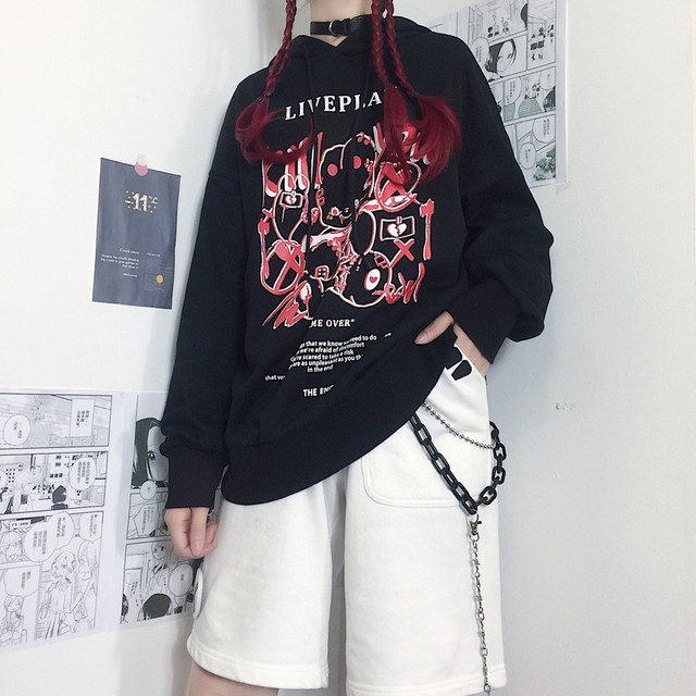 Crazygirlシリーズ ゴスロリ系 パーカー プルオーバー 病みうさぎ プリント 黒 白 病み可愛い オルチャン ストリート系 原宿系 10代 代 天使と悪魔 サブカル系ファッション Seasonz