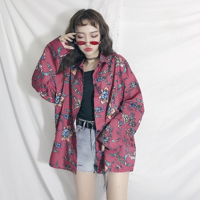 送料無料 大きいサイズ レディースファッション 韓国ファッション 柄シャツ ハデ柄 薔薇 彼シャツ Subrinahouse