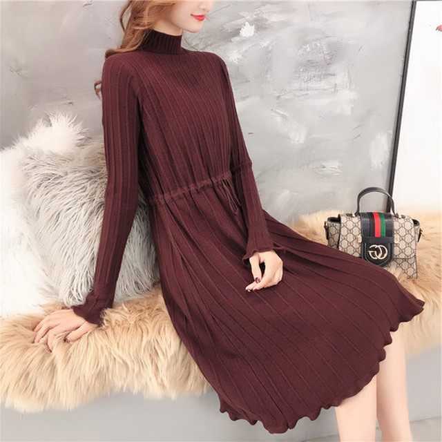 即納 ワインレッド ワンピース レディース 長袖 膝下 膝丈 秋 冬 Aライン ハイウエスト フレア セミフォーマル Sunflower