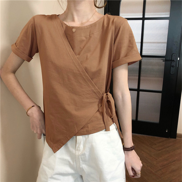 大きいサイズ レディース トップス 夏秋 ｔシャツ 半袖 ラウンドネック カシュクール アシンメトリー サイドリボン シンプル カジュアル おしゃれ 大人可愛い お出かけ デート 通勤 通学 旅行 普段着 カーキ ホワイト Hf Haru Meets Foo