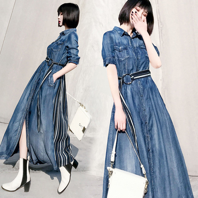 ベルト付き 袖が選べる両サイドスリットと背中のストライプが素敵なロング丈 大きく広がるデニムワンピース Mahalore To All Ladies