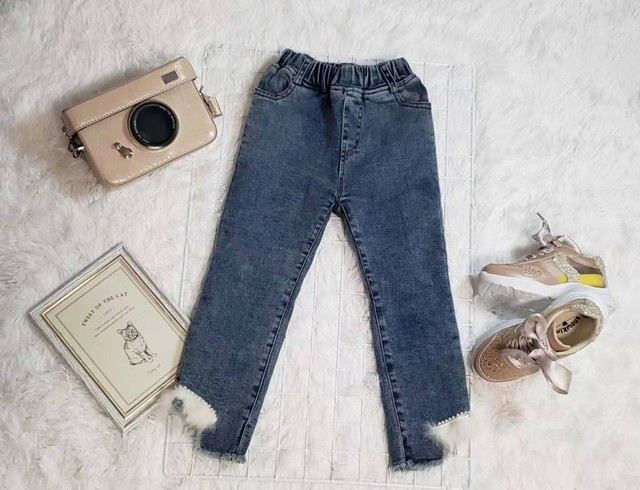 韓国 子供服 キッズ ラビットファー パール付き 裏起毛デニムパンツ Lirik011 Lirisnow