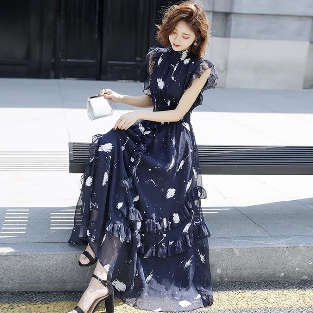 即納 Sネイビー 可愛い フリル シフォン ハイネック ロング ワンピース ドレス 結婚式 二次会 お呼ばれ Fashionlover