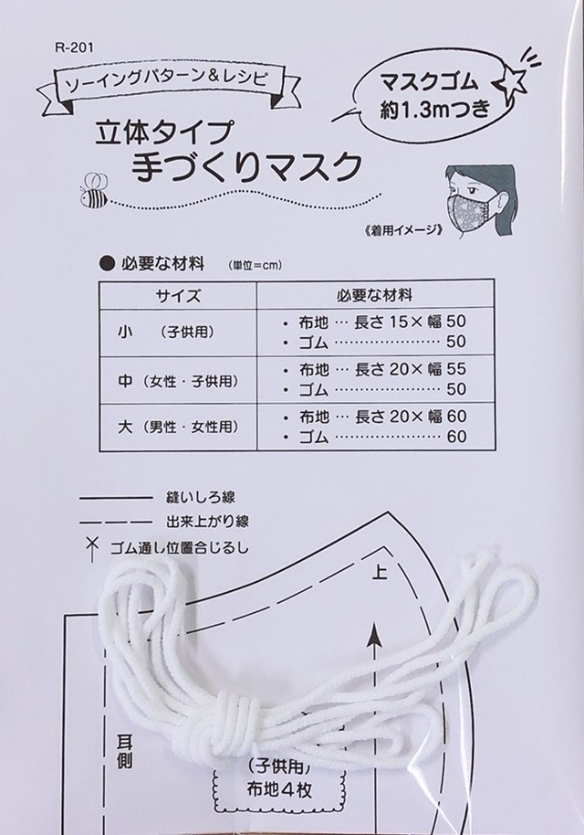 立体タイプ手づくりマスク型紙 マスク用ゴム1 3ｍ 送料無料 型紙 パターンの専門ショップ アールパターン