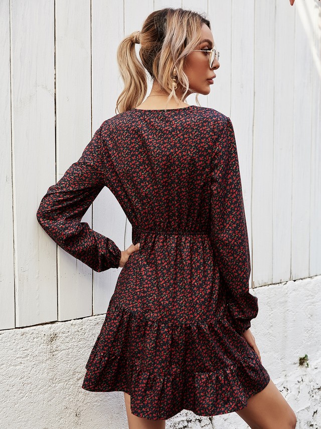 小花柄シフォンワンピース ミニ丈 ボヘミアン レトロ Vネック 秋冬 お出かけ デート 女子会 デイリー 長袖 Arroser