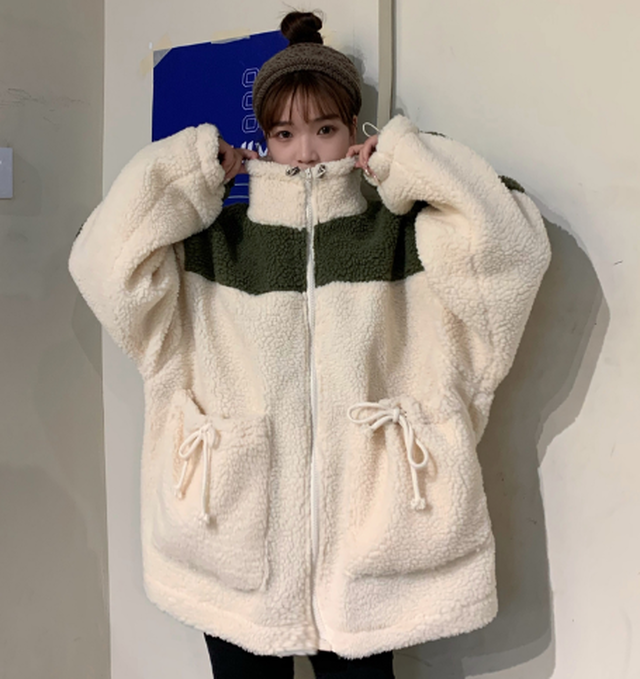 ジャケット ふわもこ ハイネック コート メンズライク スポーティ バイカラー あったか だぼゆる ゆったり Toptop