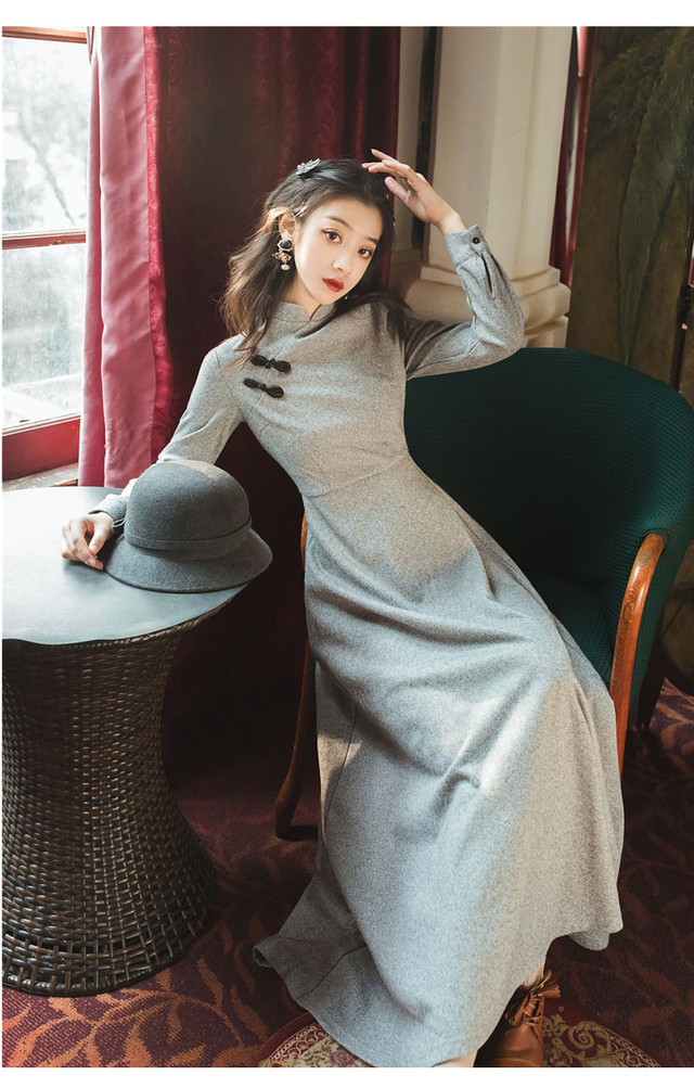 ワンピース 長袖 ミモレ丈 フレア チャイナ風 シンプル 無地 大人カジュアル デート お出かけ 秋 ｇｄｒ