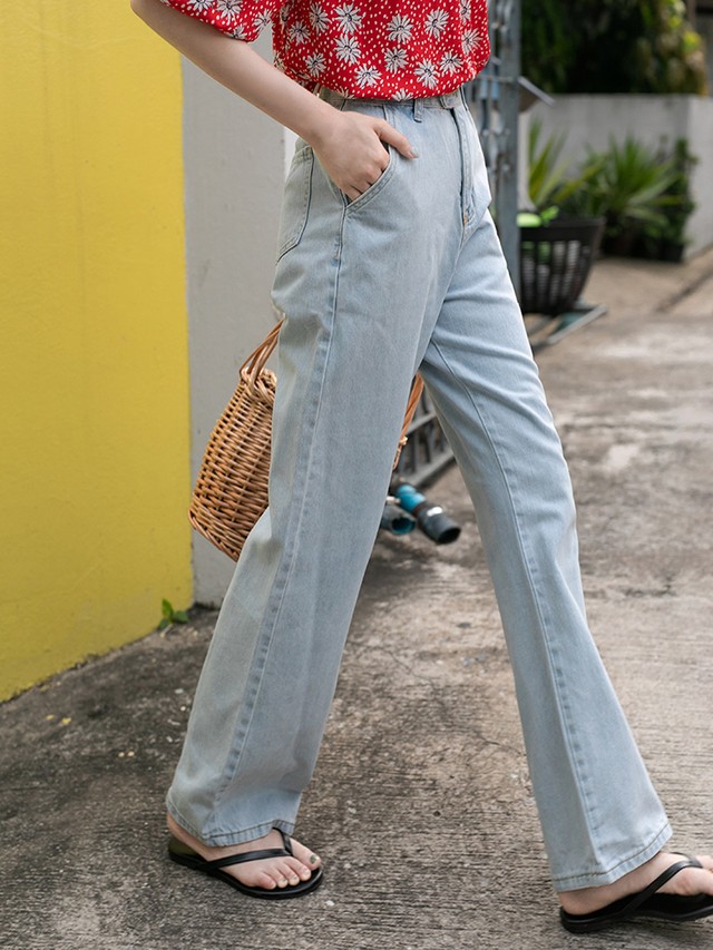 ハイウエスト ワイドパンツ デニム ジーンズ ジーパン ウォッシュド ライトブルー ハイライズ 定番アイテム 着回し カジュアル デイリー 普段 コーデ 大人 ラフ 春夏 ｍ931 Girls Ladies Fashion ユーユアユー