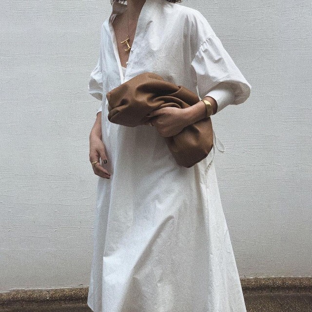 レディース ワンピース ランタンスリーブ タイプライターボリューム ワンピース ホワイト マキシワンピ ロング マキシ丈 Favoriteselect