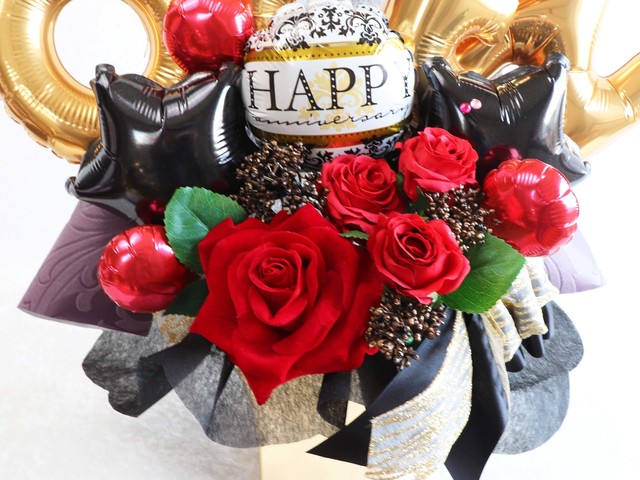 シックな赤と黒で 開店祝い バルーン アートフラワーアレンジメント Bouquet La Bou