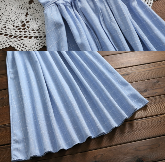 森ガール 韓国風 ワンピース 青 チェック柄 ノースリーブ カジュアル レースアップ エレガント 水色 夏 Cinderella Story