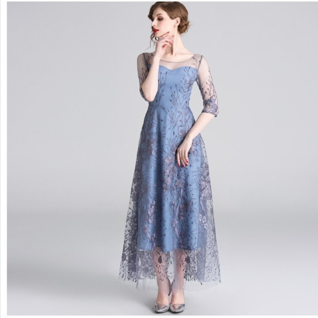 花柄 ロングワンピース 長袖 ロングドレス Aライン パーティードレス 結婚式 マキシ丈 ワンピース ドレス 花柄 シースルー 袖あり エレガ Basecamp49
